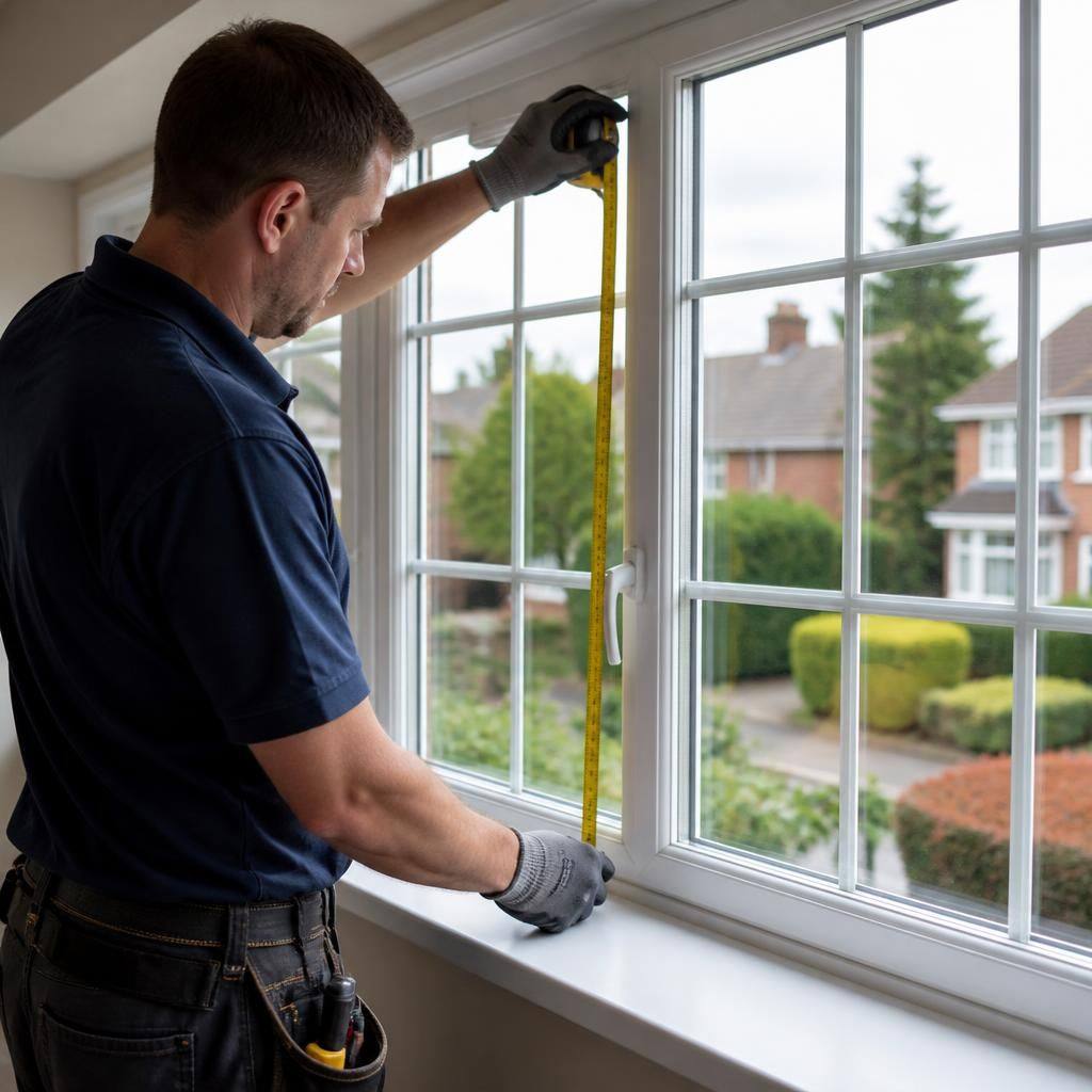 Glazier measuring a residential window frame with a tape measure