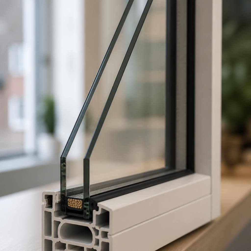 Cross-section of a double-glazed window unit showing two glass panes and an insulating cavity