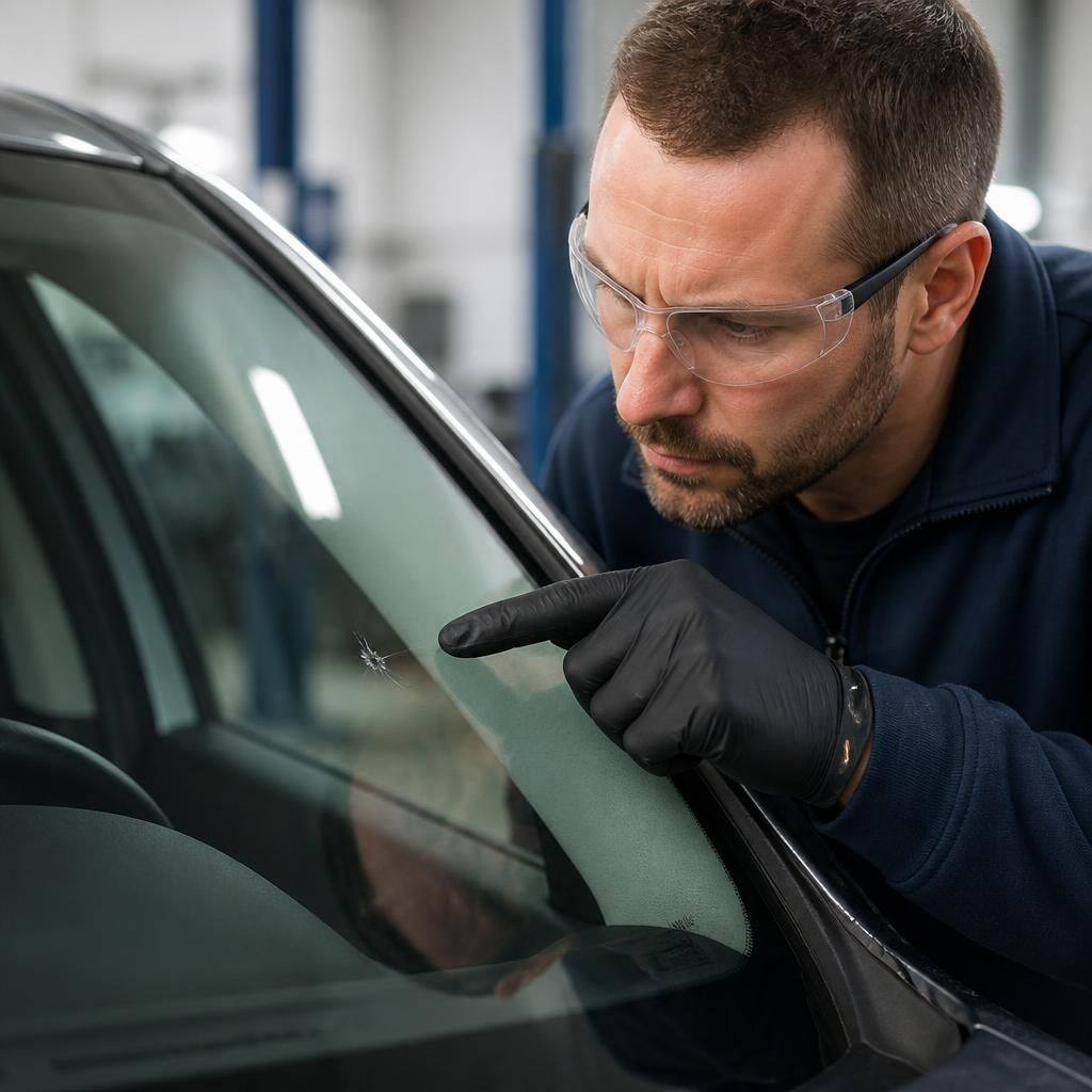 Technician inspecting a small chip in a vehicle windscreen