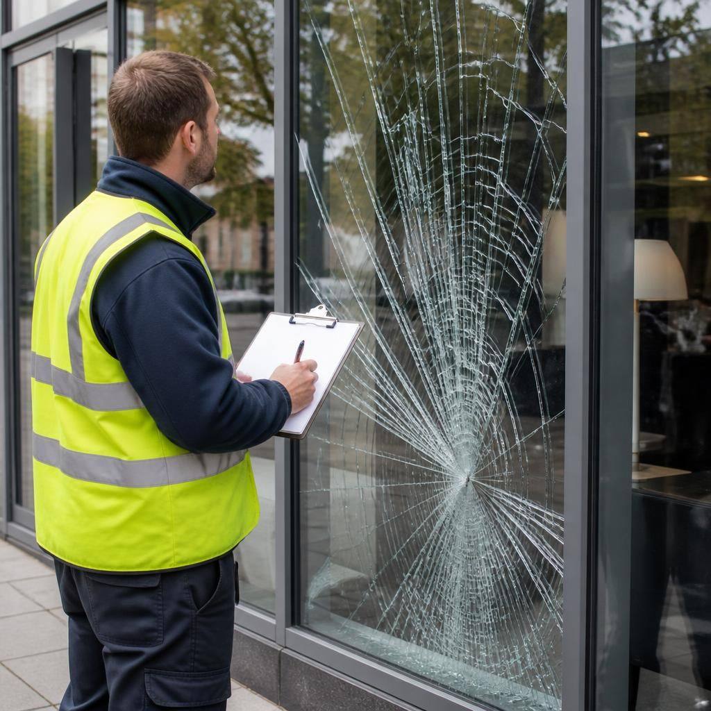 Glazier inspecting damaged commercial window glass in an office building