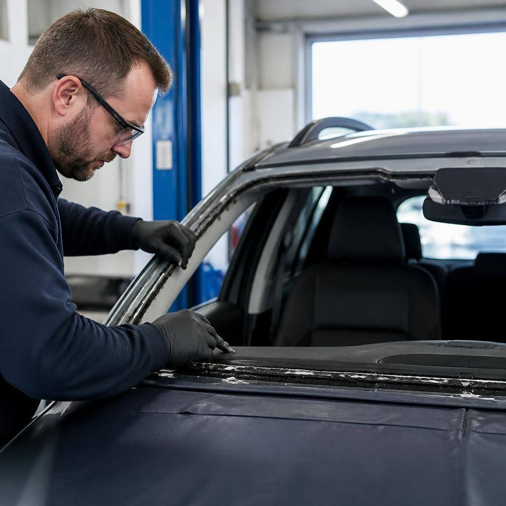 Technician preparing a vehicle windscreen aperture for replacement glass