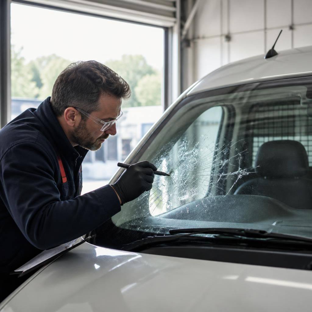 Technician inspecting a damaged vehicle windscreen before replacement