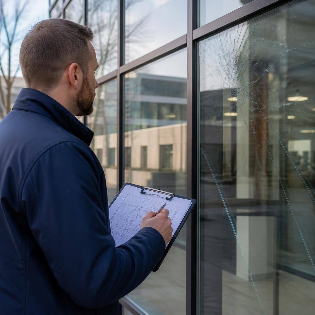 Glazing specialist reviewing measurements beside a commercial shop front