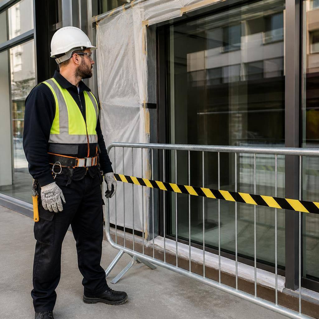 Glazier wearing protective equipment beside a secured commercial window opening