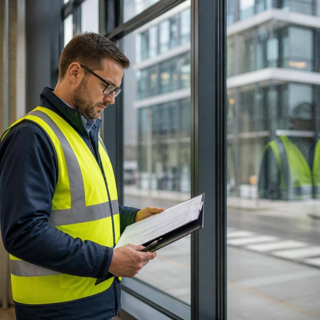 Building manager reviewing glazing handover documents beside a newly replaced commercial window