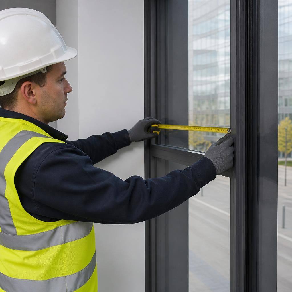 Glazier measuring a commercial window frame before replacement glass is fitted
