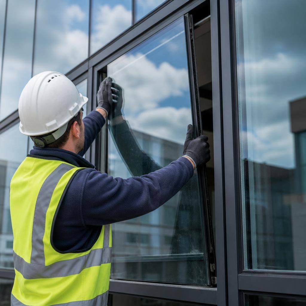 Technician fitting a replacement pane into an existing commercial window frame