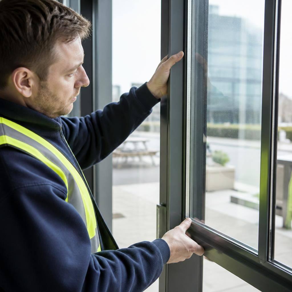 Glazier inspecting a commercial aluminium window frame and sealed unit