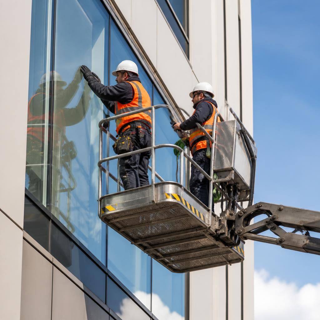 Glazing team using a mobile access platform beside a commercial building
