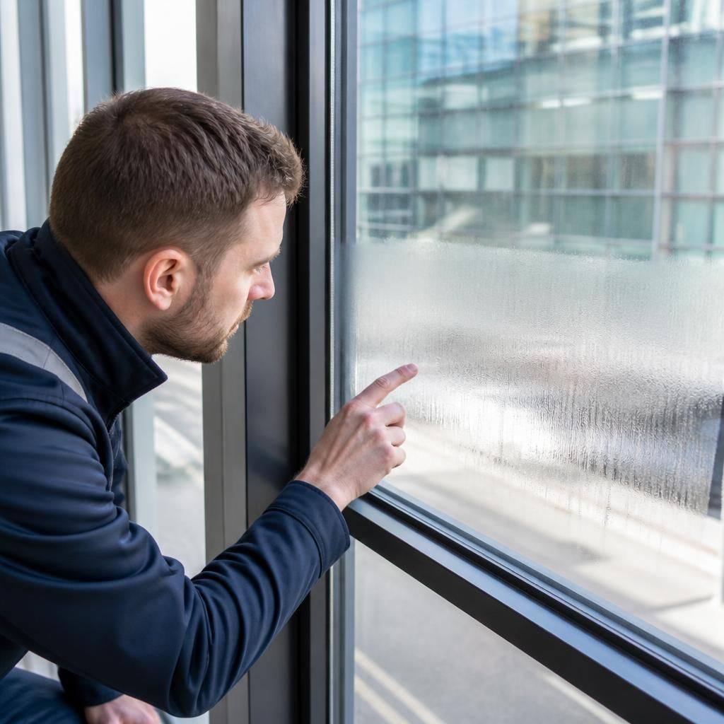 Glazier inspecting moisture between panes of a commercial double-glazed window
