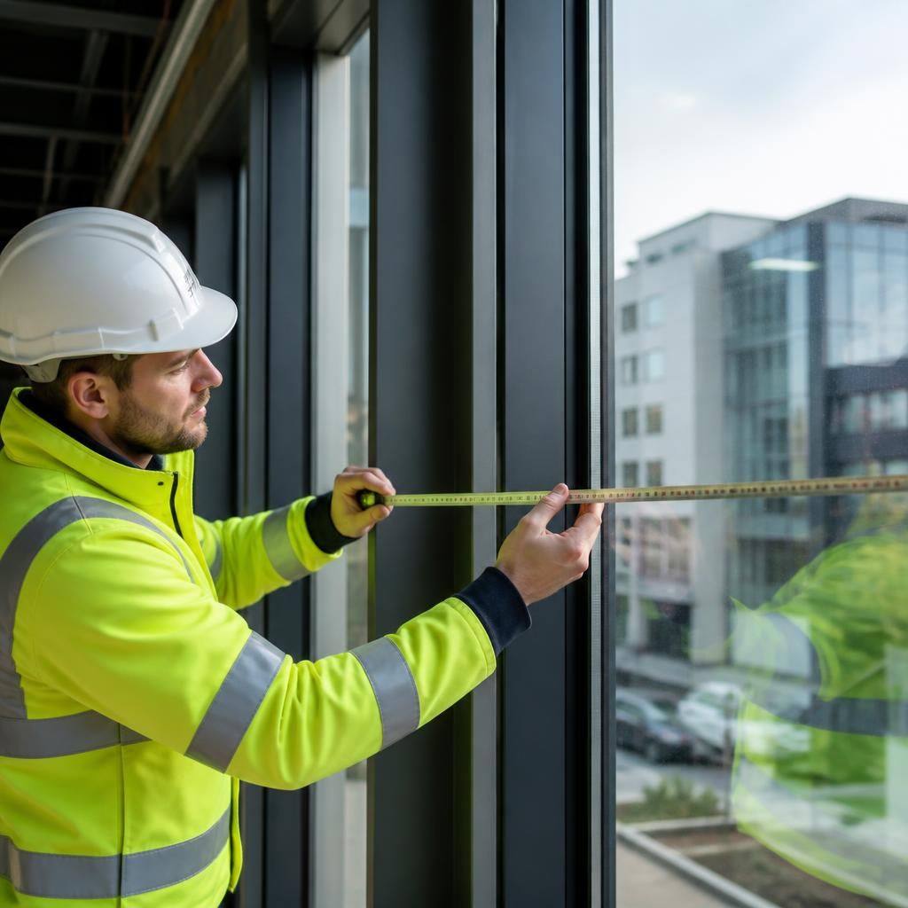 Glazier measuring a commercial double-glazed window before replacement