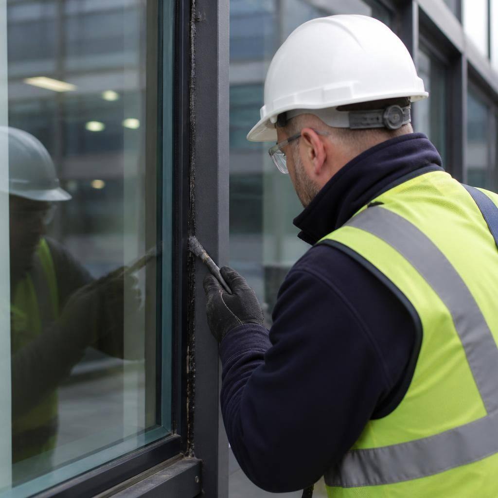 Technician repairing a commercial window frame beside intact glazing