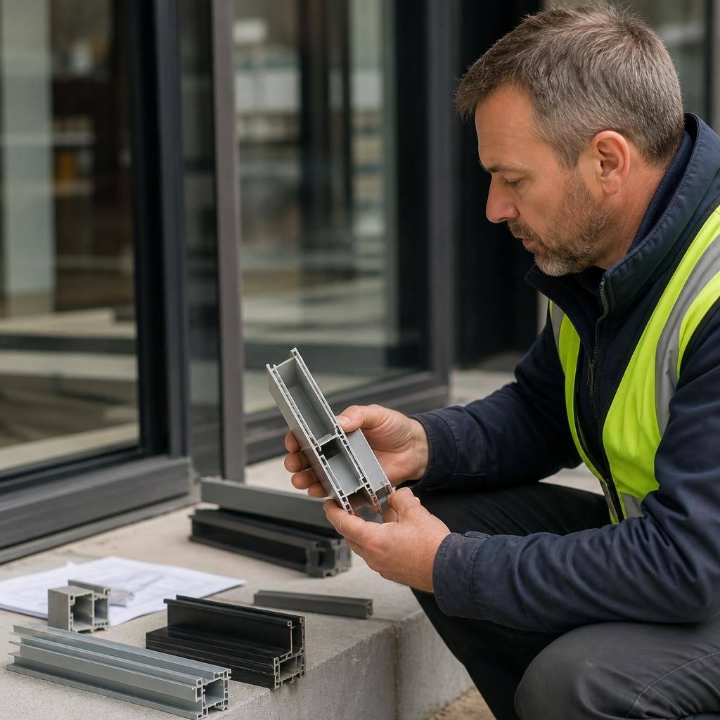 Technician comparing aluminium window frame sections and replacement components on site