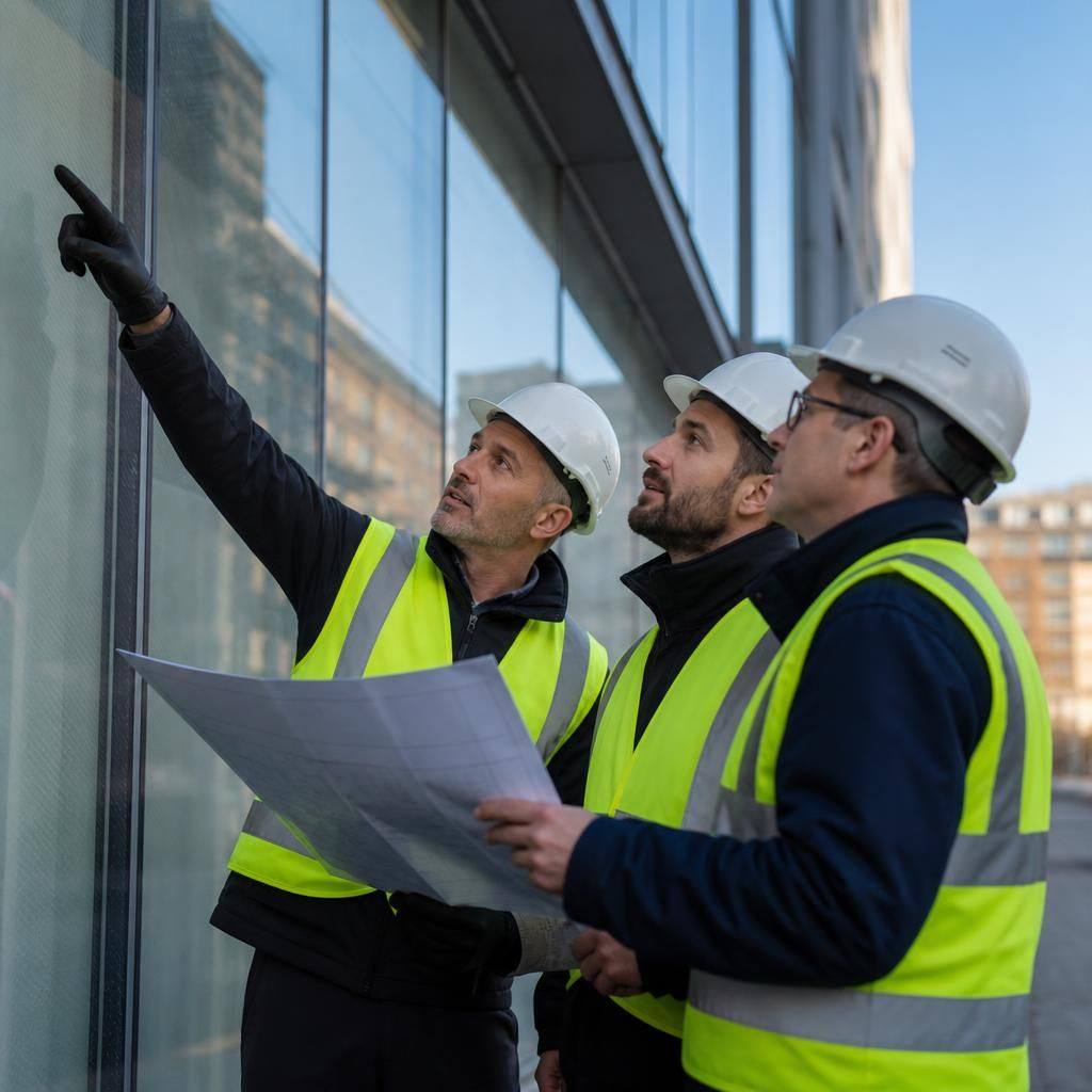Glazing team reviewing access routes around a commercial window frame