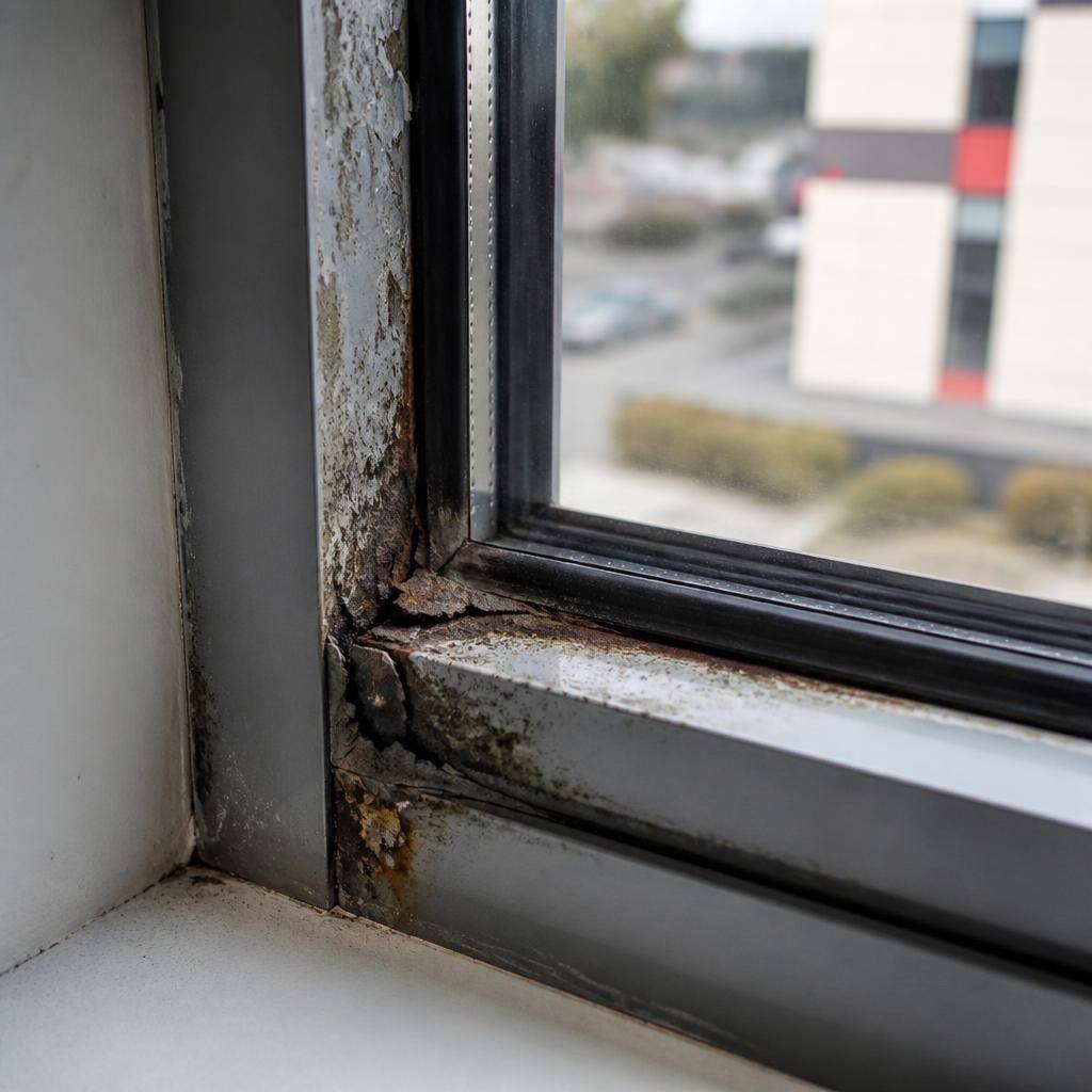 Close-up of a commercial window frame showing corrosion and a deteriorated seal