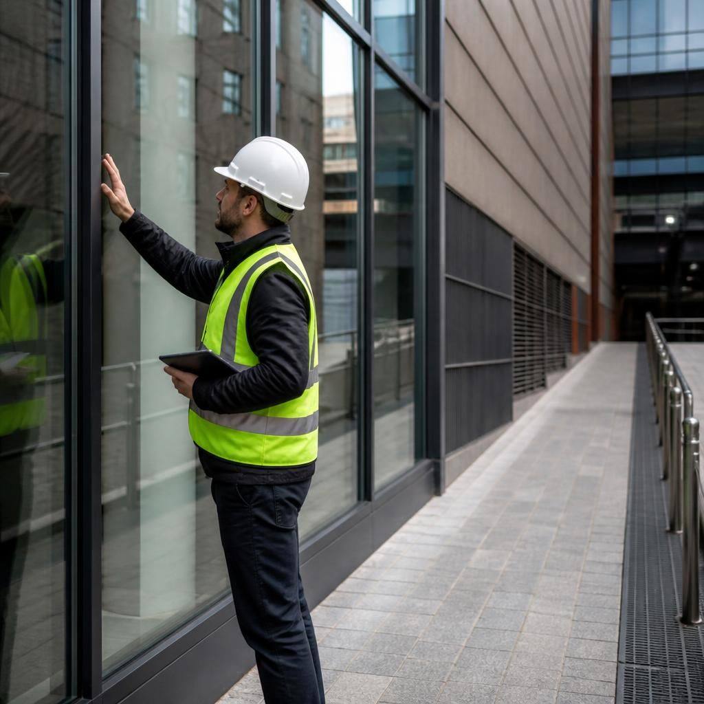 Glazier inspecting a commercial window beside a clear access route