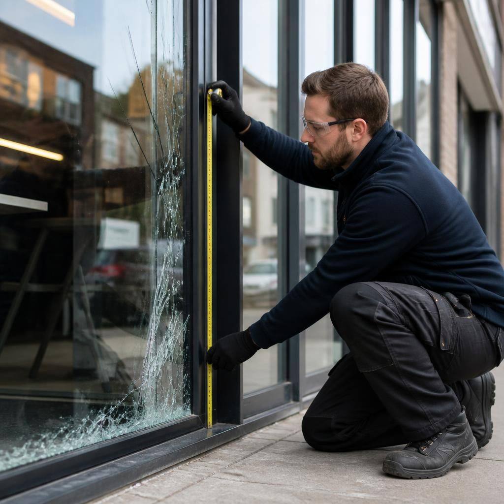 Glazier measuring a damaged commercial window beside a shop front