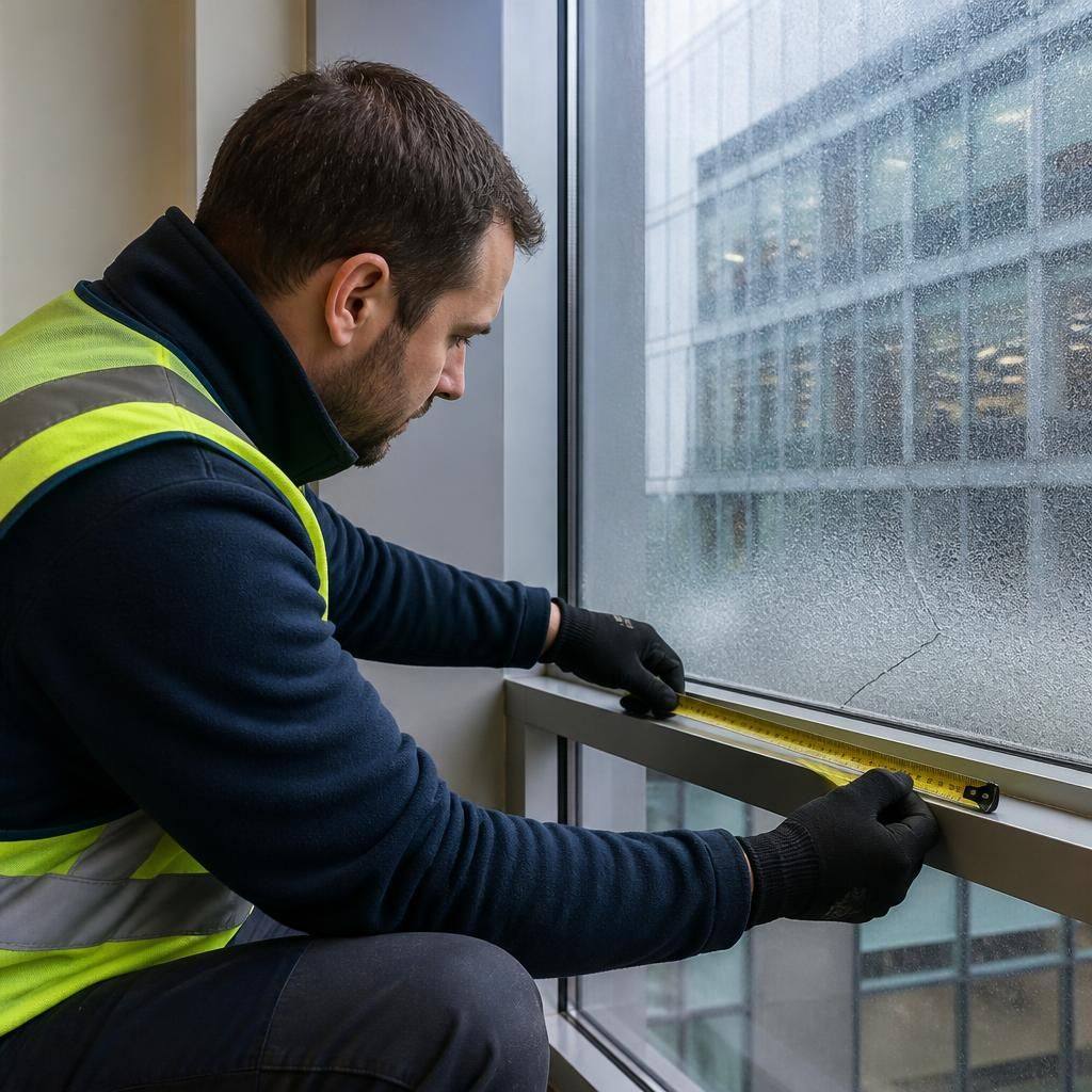 Glazier measuring a damaged commercial window frame inside an office building