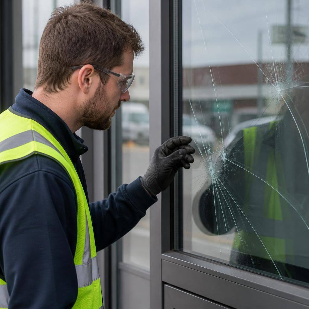 Glazier inspecting a cracked pane in a commercial window frame