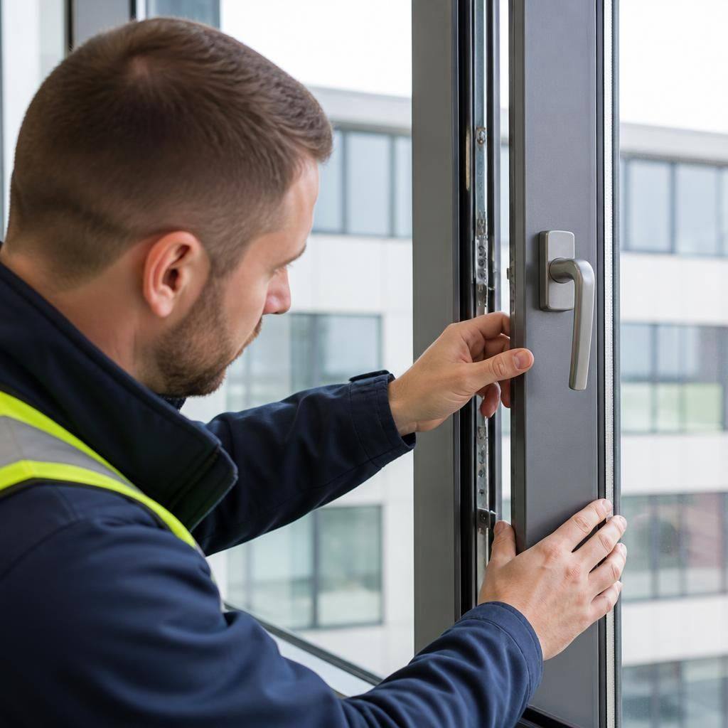 Technician inspecting a commercial window handle and hinge on an aluminium frame