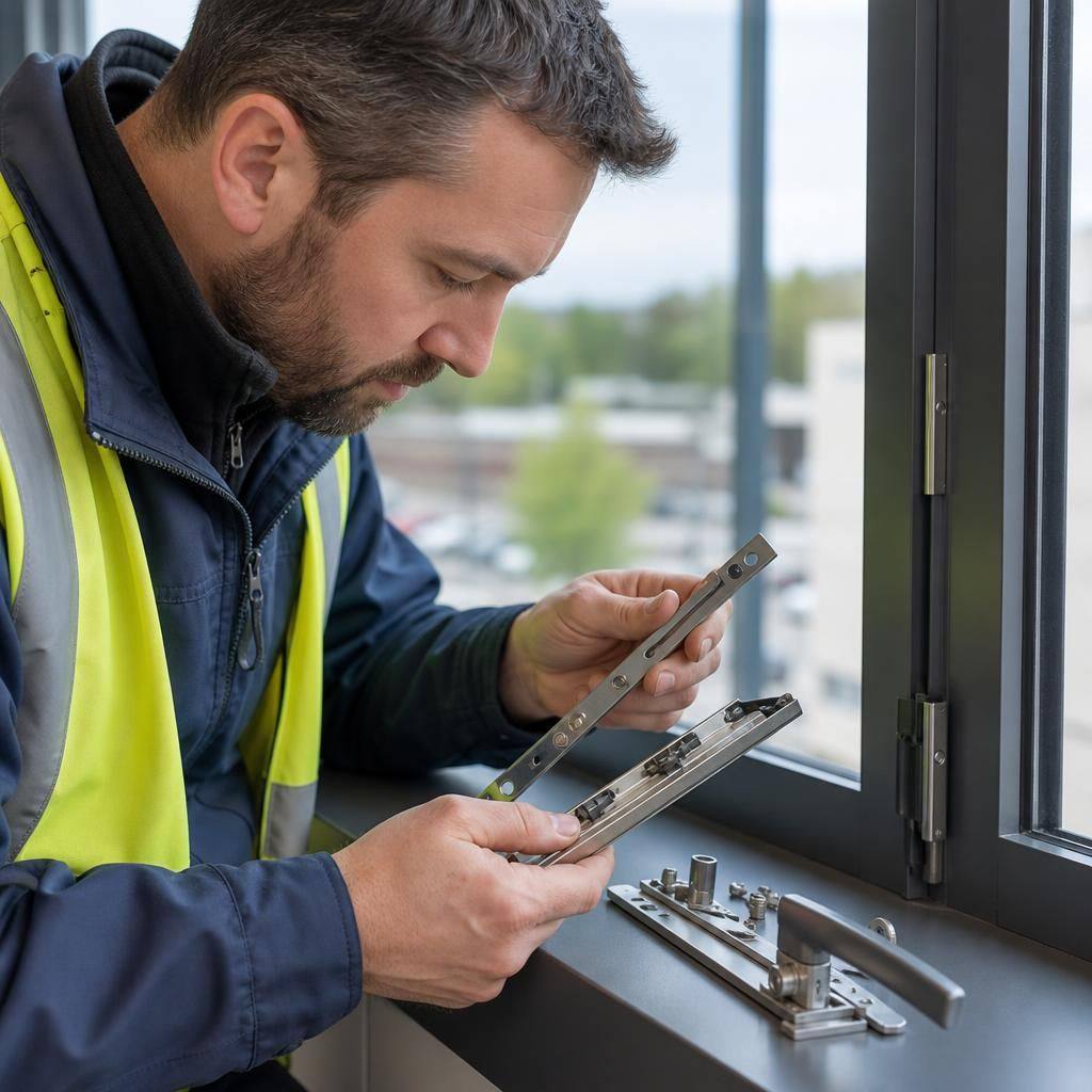 Technician examining replacement hardware beside a commercial window frame