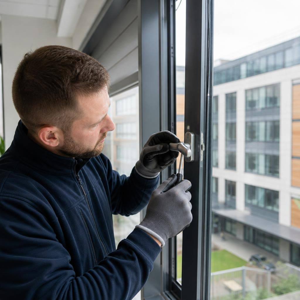 Technician inspecting a commercial window handle beside an open office window