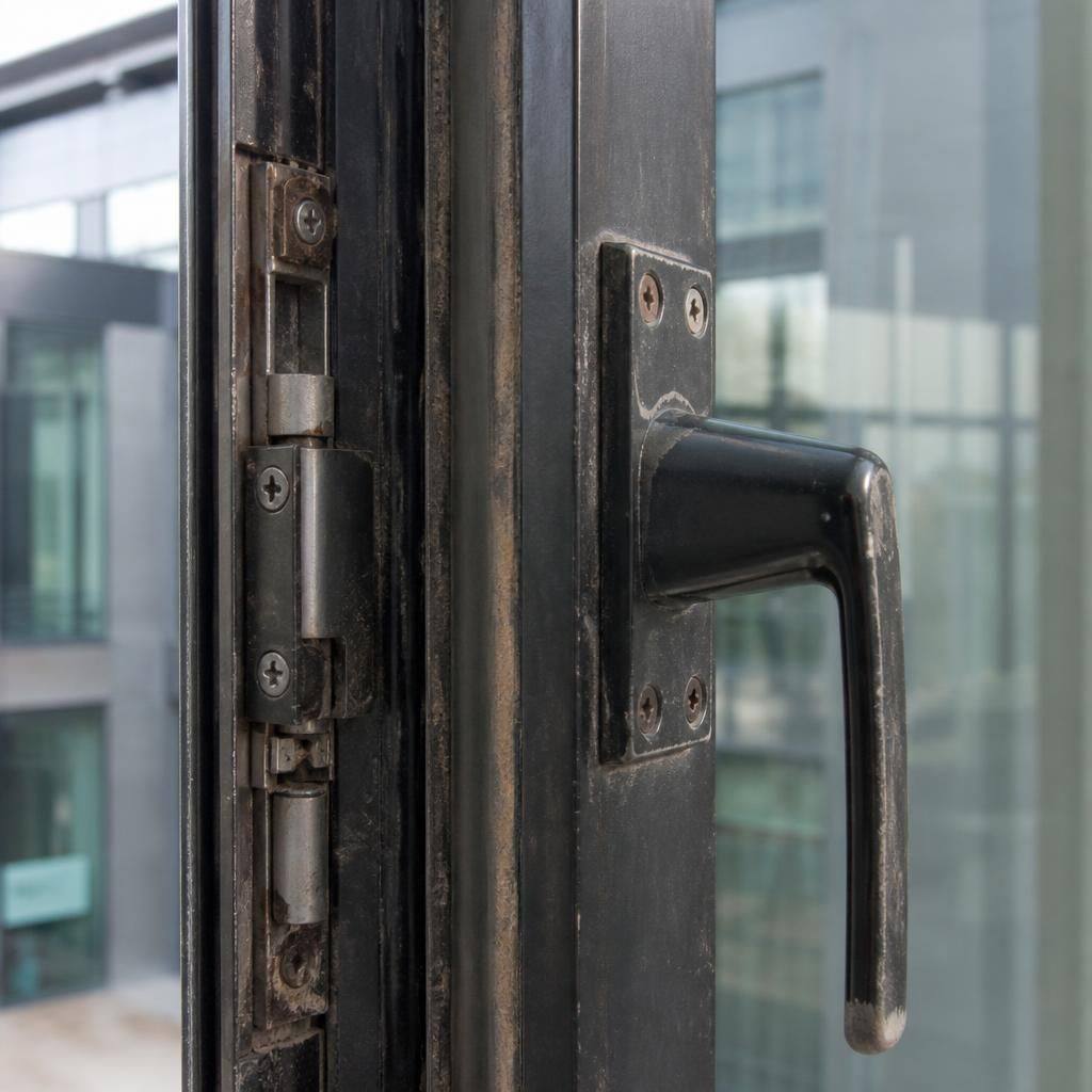 Close-up of worn commercial window handle, hinges and frame fixings