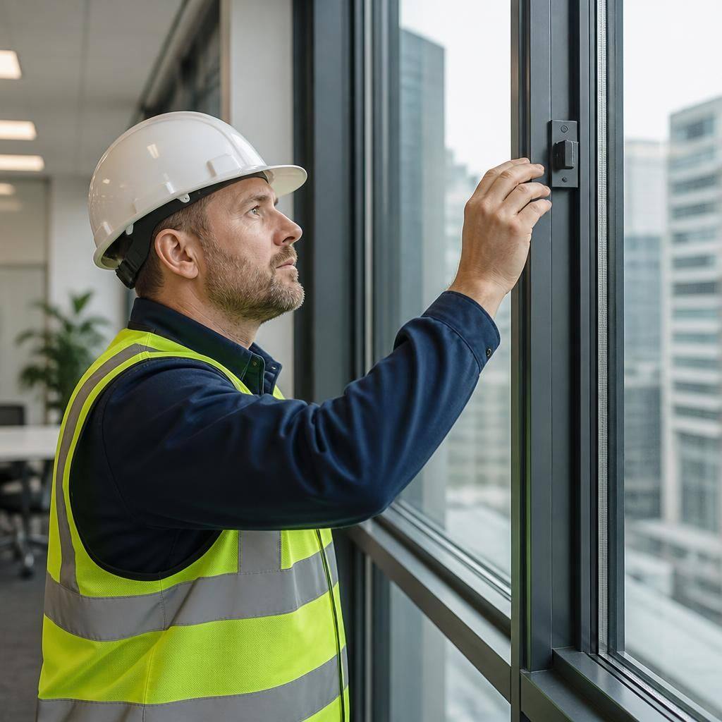 Glazing technician inspecting commercial window fittings inside an office
