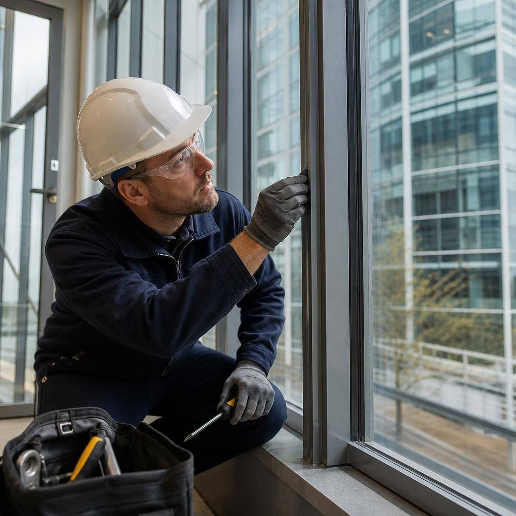Glazier inspecting a commercial window frame with maintenance tools