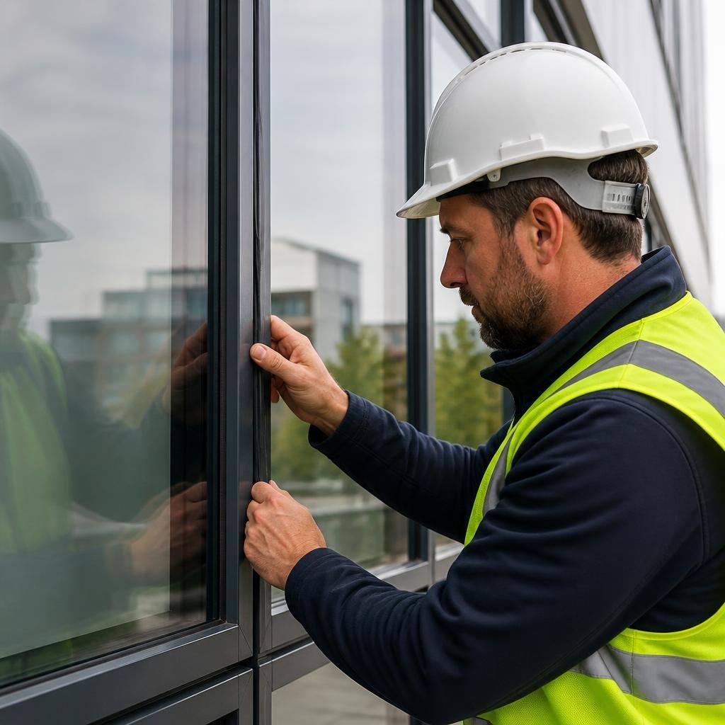 Technician inspecting aluminium framing and seals on a commercial glazed façade