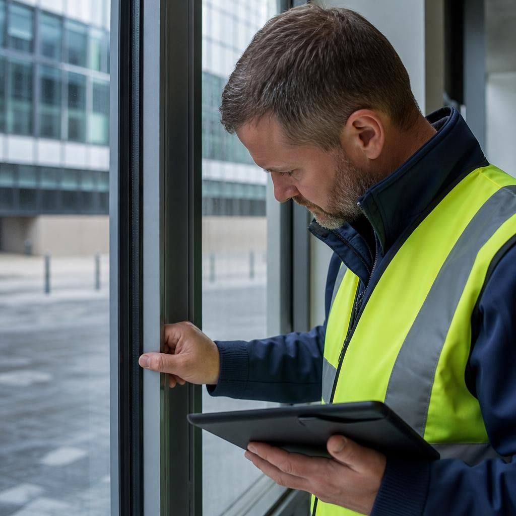 Technician inspecting the frame and seals of a commercial window