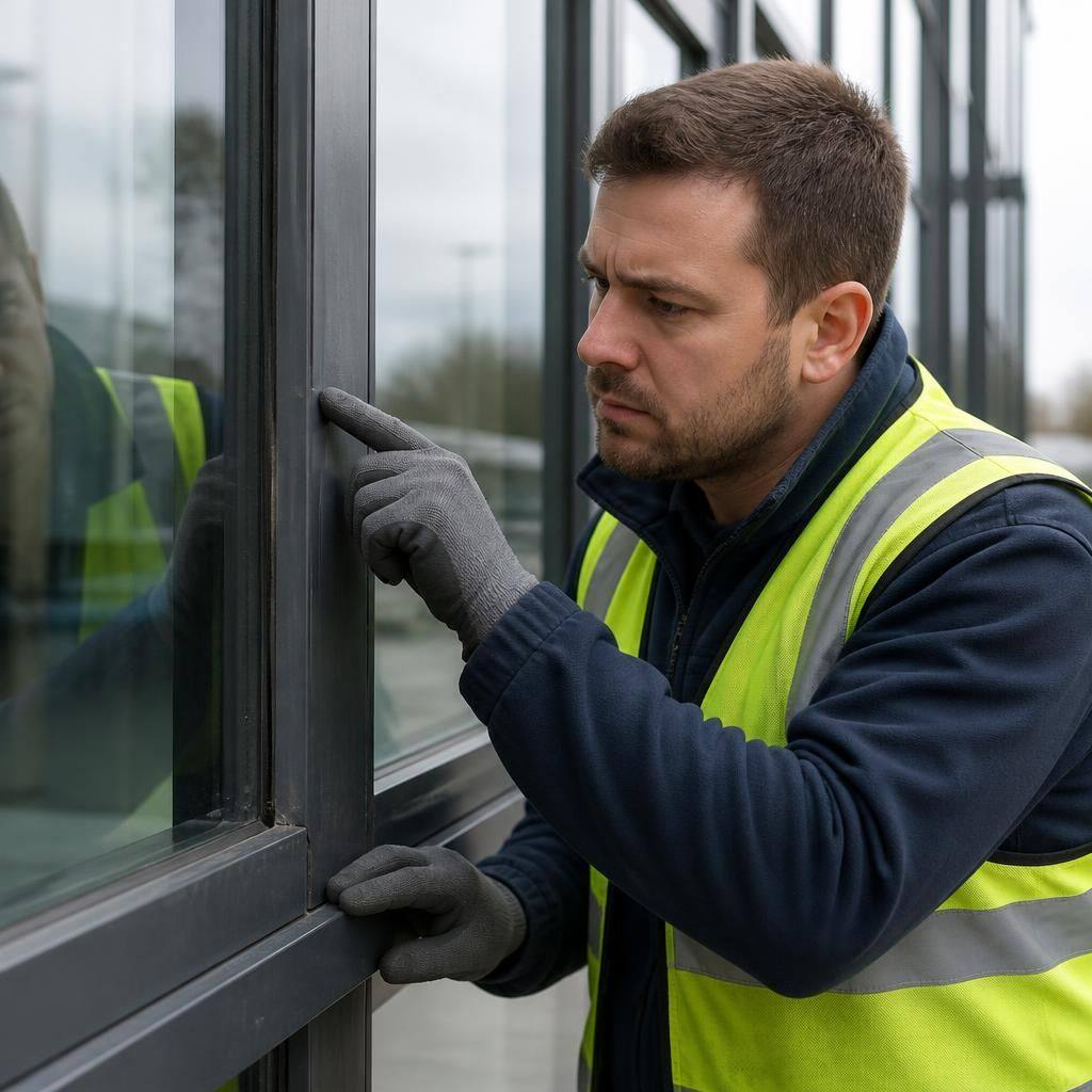 Glazier inspecting seals and frame joints on a commercial window