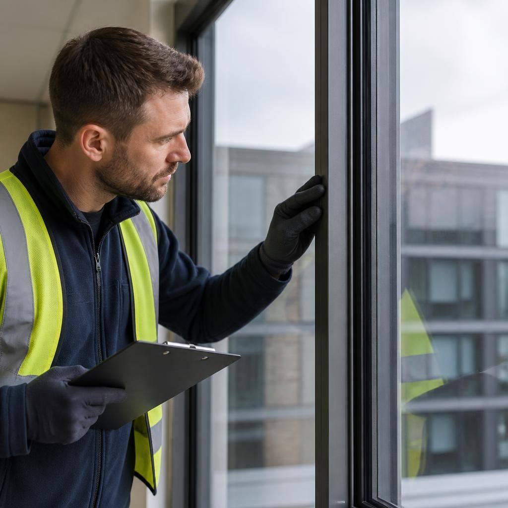 Glazier inspecting the frame and glass of a commercial window