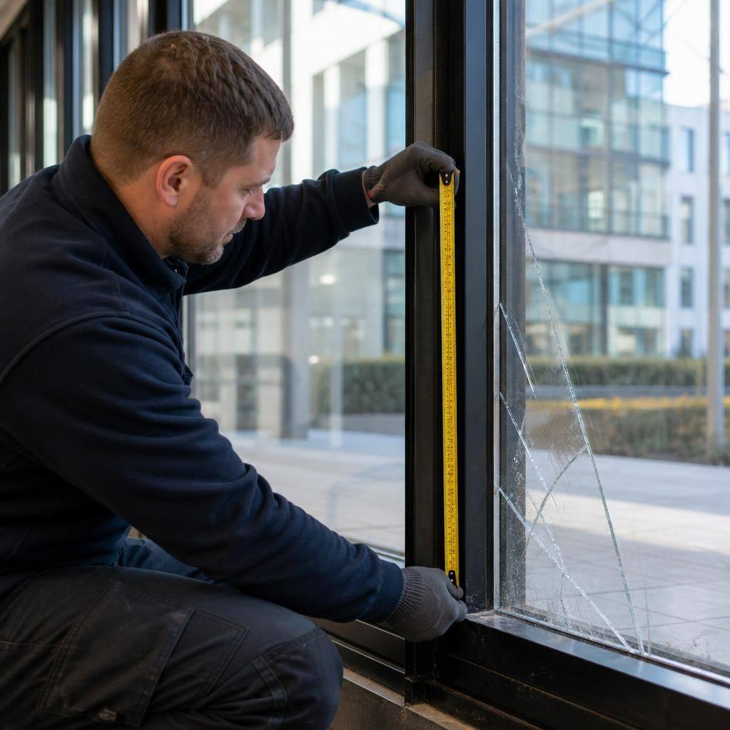 Glazier measuring a damaged commercial window frame with a tape measure