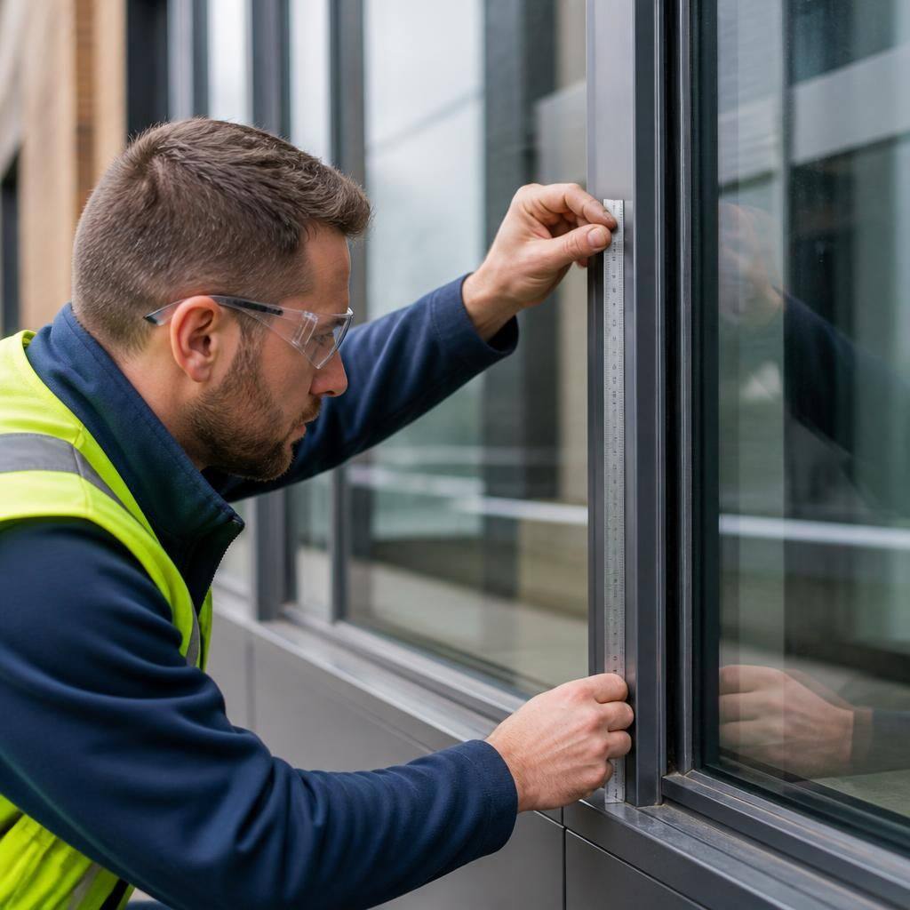 Glazier measuring a commercial window frame and inspecting its glazing rebate