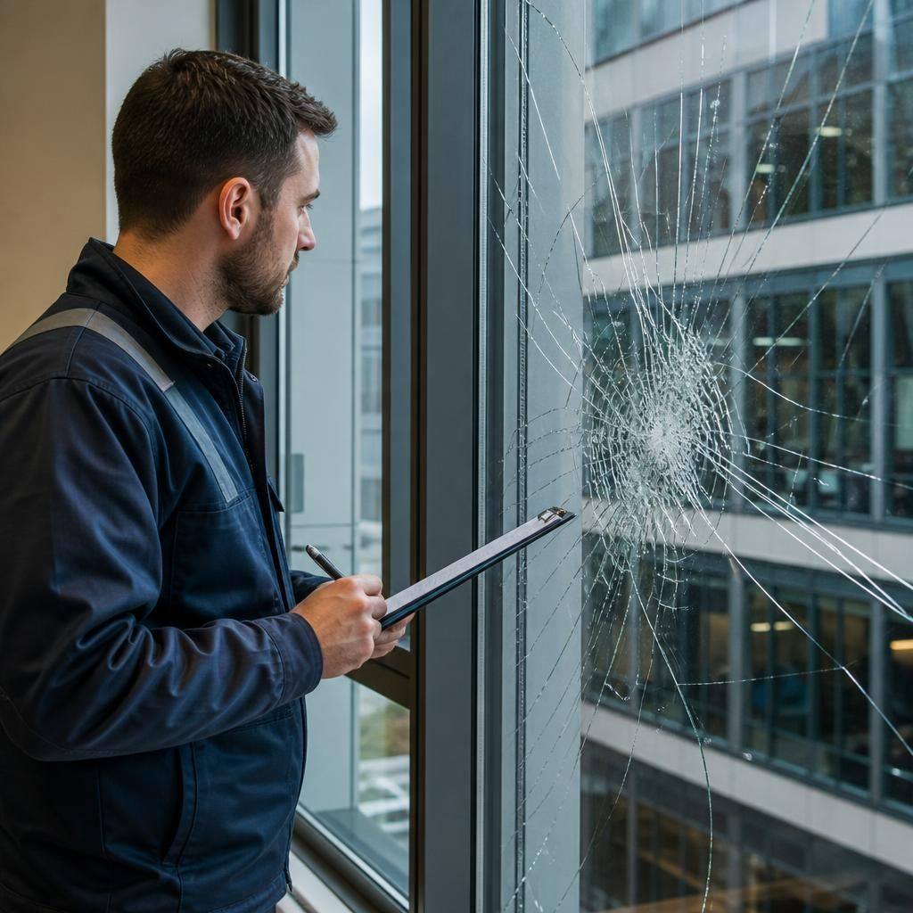 Glazier inspecting a cracked commercial window from inside an office