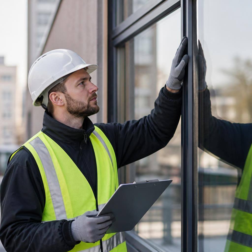 Glazier inspecting a commercial window frame and replacement pane
