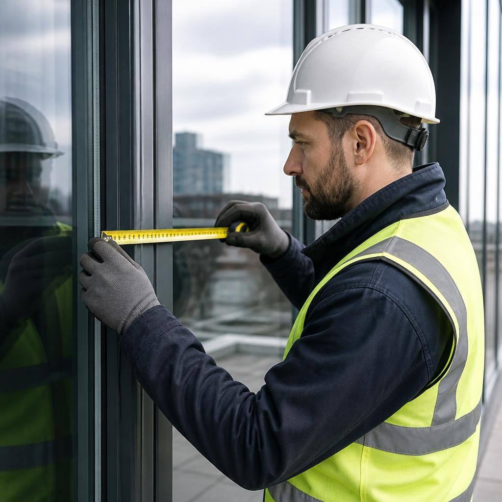 Glazier measuring a commercial window frame during a site survey