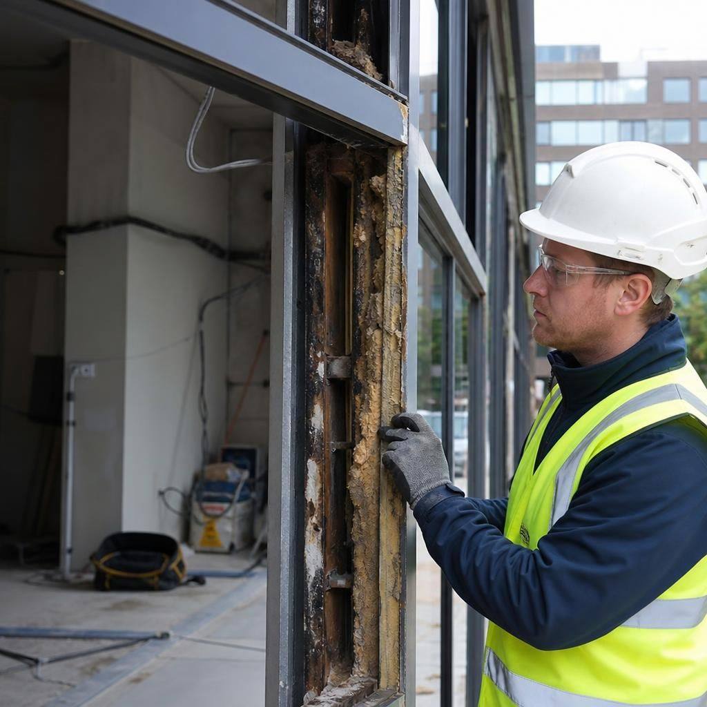 Technician inspecting an exposed commercial window frame after glass removal
