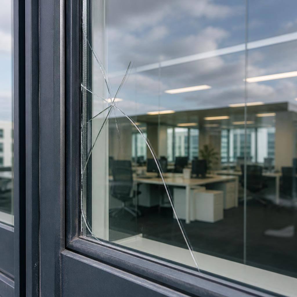 Commercial office window with a cracked pane and surrounding frame