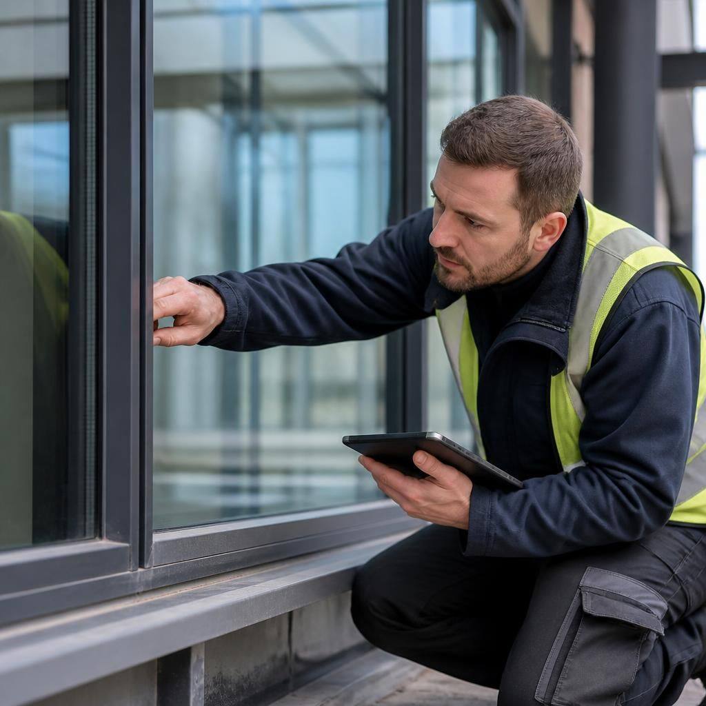 Glazier examining a commercial window frame and sealed glass unit during a site inspection