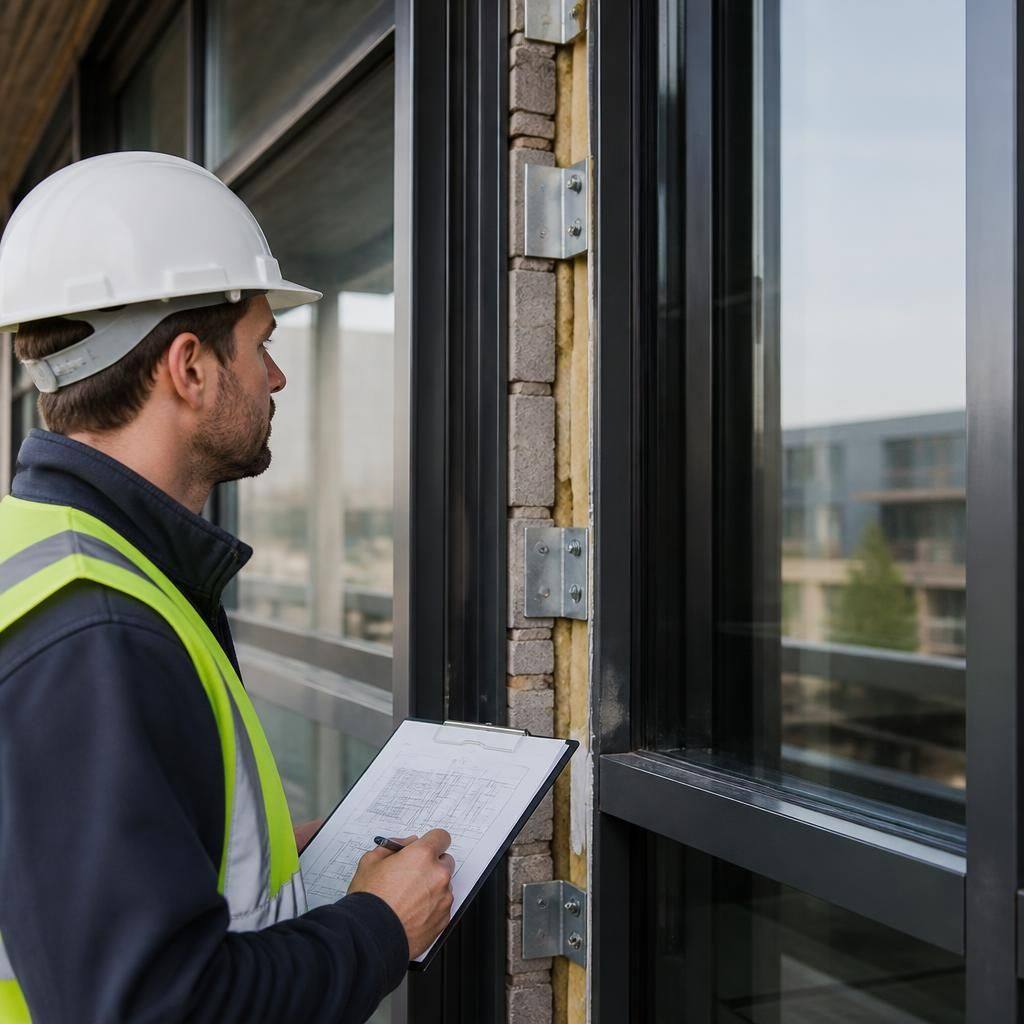 Surveyor examining a commercial window opening beside exposed masonry and frame fixings