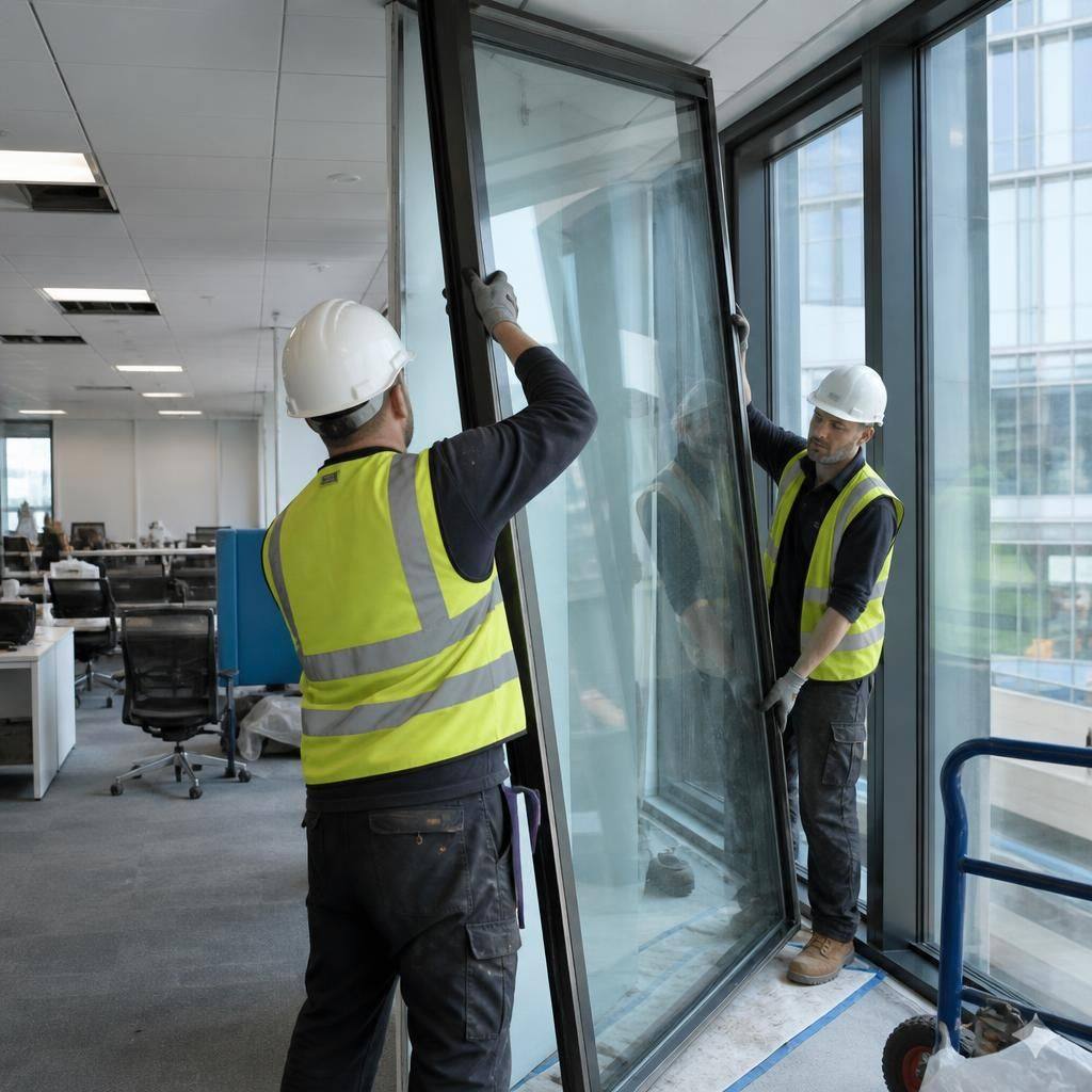 Glaziers installing a commercial window inside an occupied office building