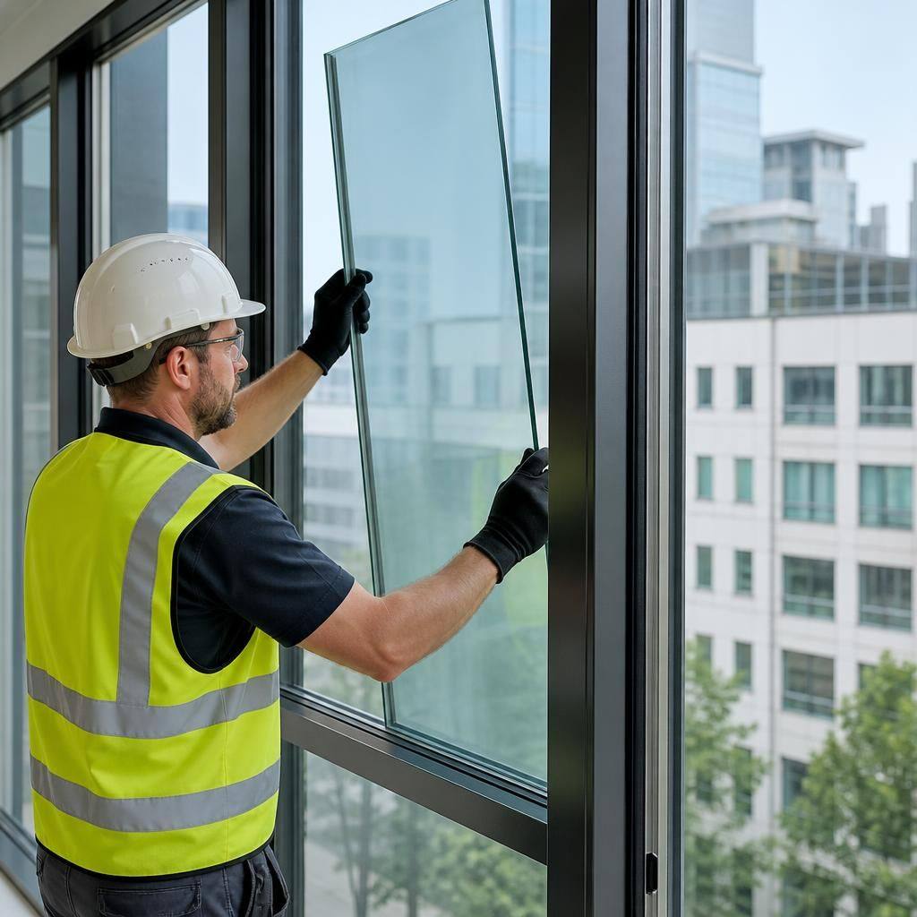 Glazier fitting a pane into a commercial window frame inside an office building