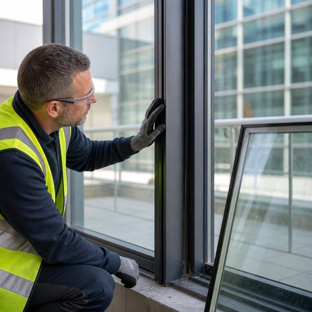 Glazier inspecting a commercial window frame beside a replacement sealed unit