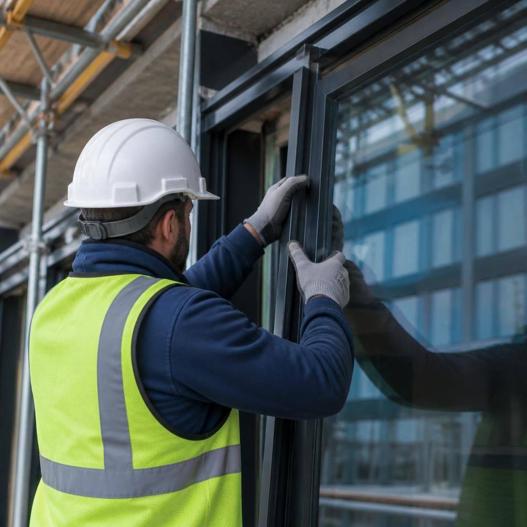 Glazier fitting a commercial window frame into a building façade
