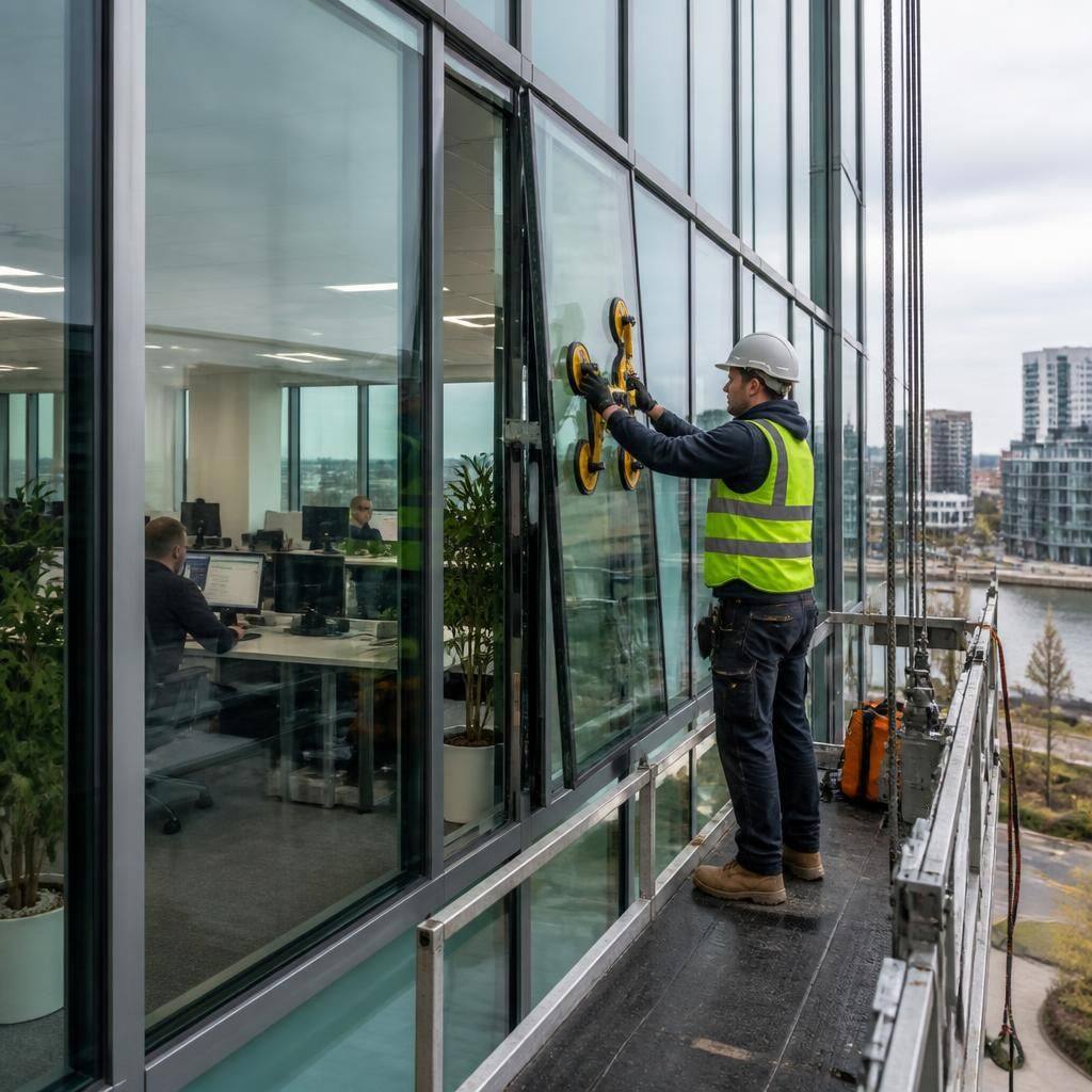 Glazier replacing a curtain wall glass panel beside an occupied office area