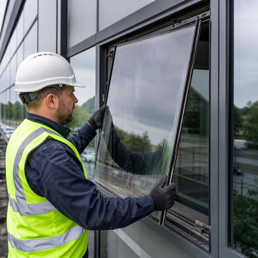 Glazier removing a failed sealed unit from a commercial curtain wall