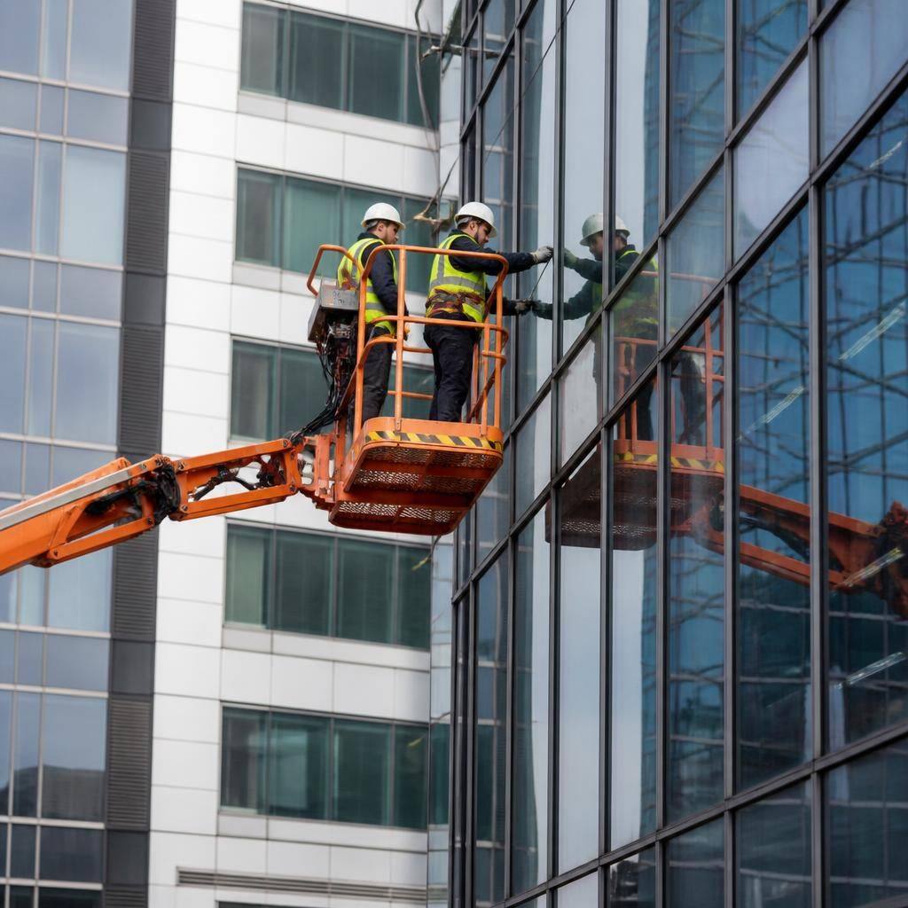 Access platform positioned beside a commercial building’s curtain wall