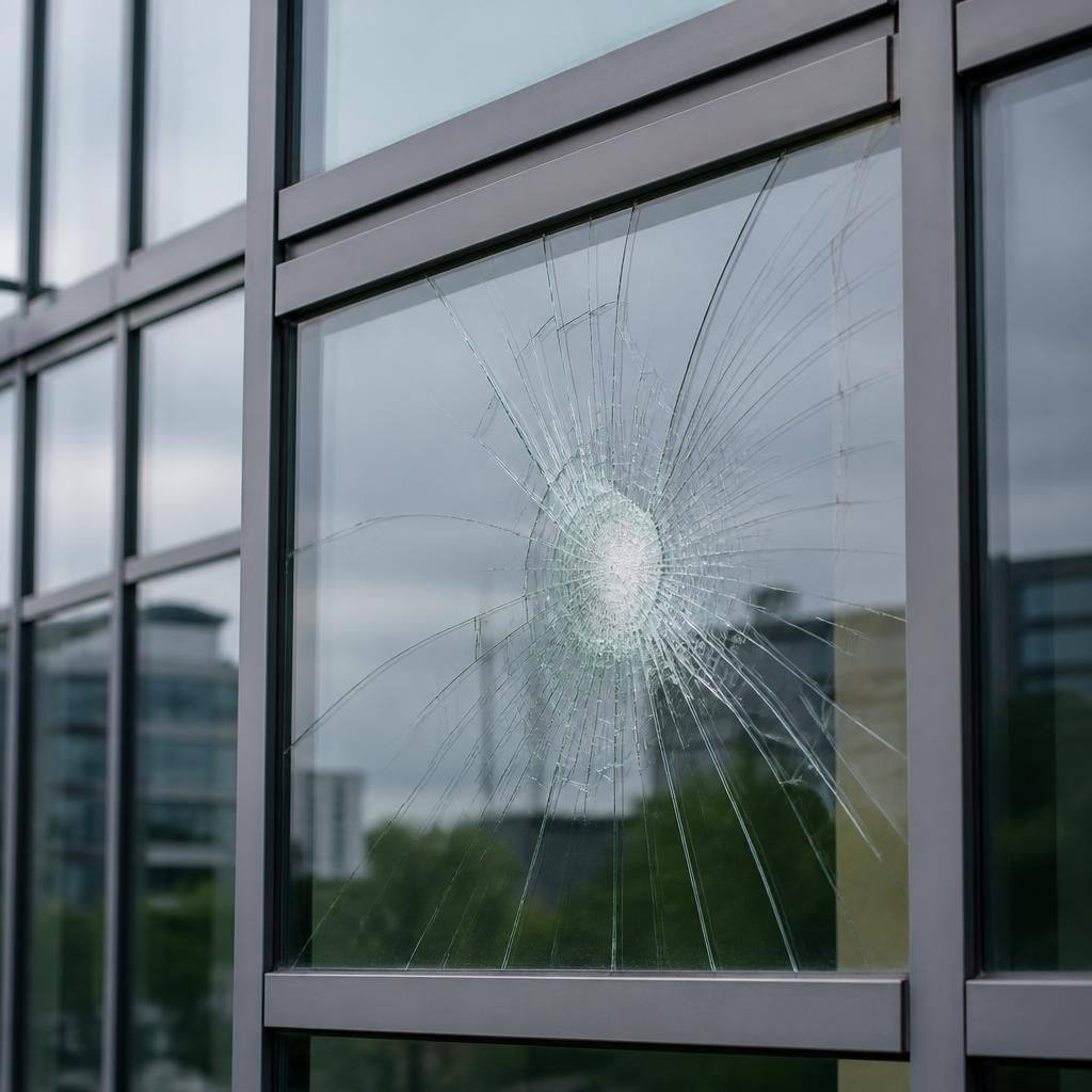 Curtain wall panel with cracked glass and surrounding frame